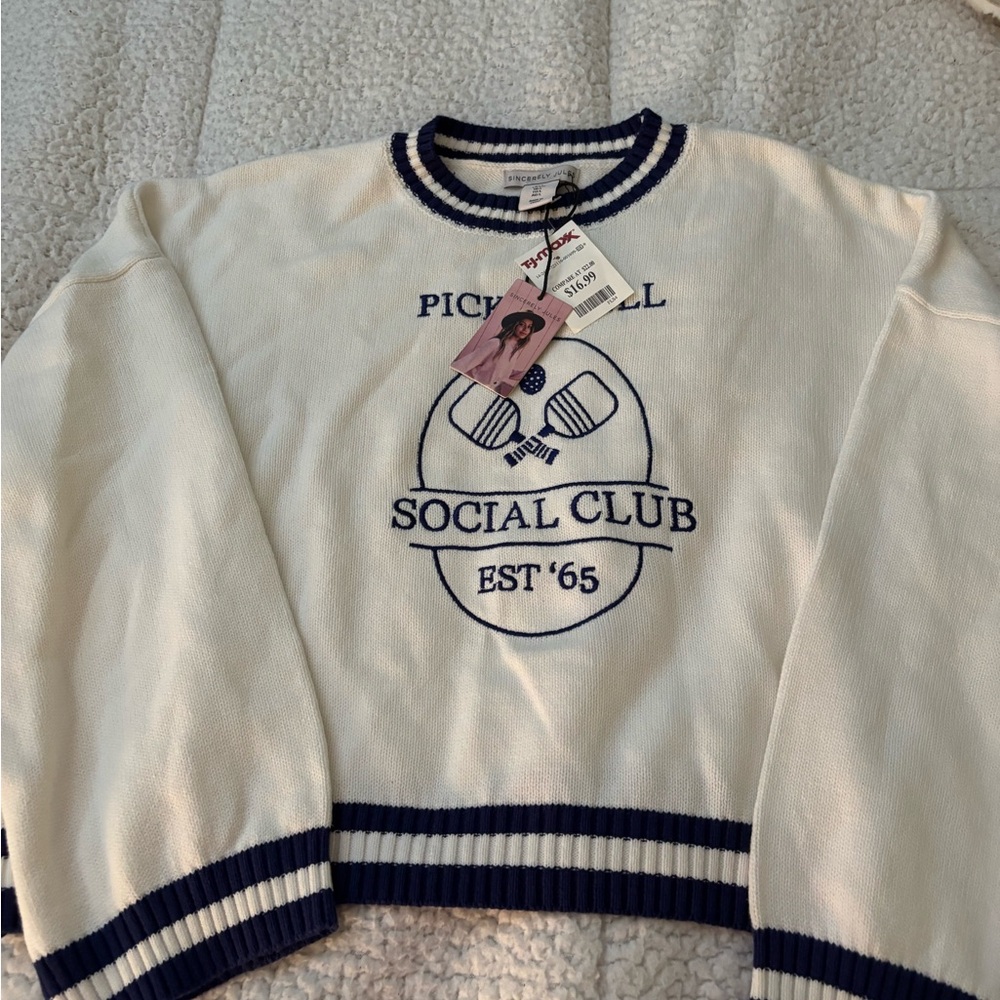 Sincerely Jules White and Navy Crew Neck Sweater